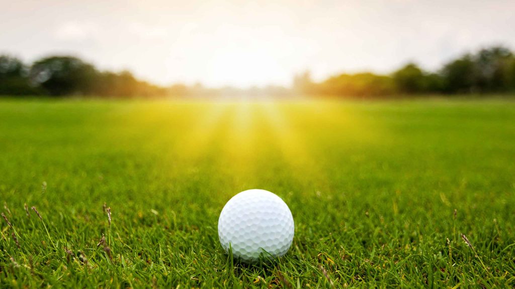 A golf ball sits on grass on a sunny day.